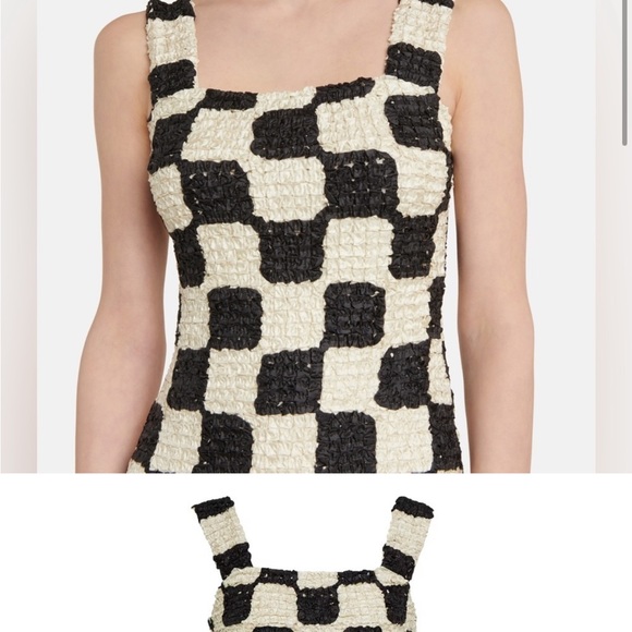 Nanushka Najya Black Cream Checked Square Neck Recycled Ribbons Mini Dress M - Picture 4 of 6